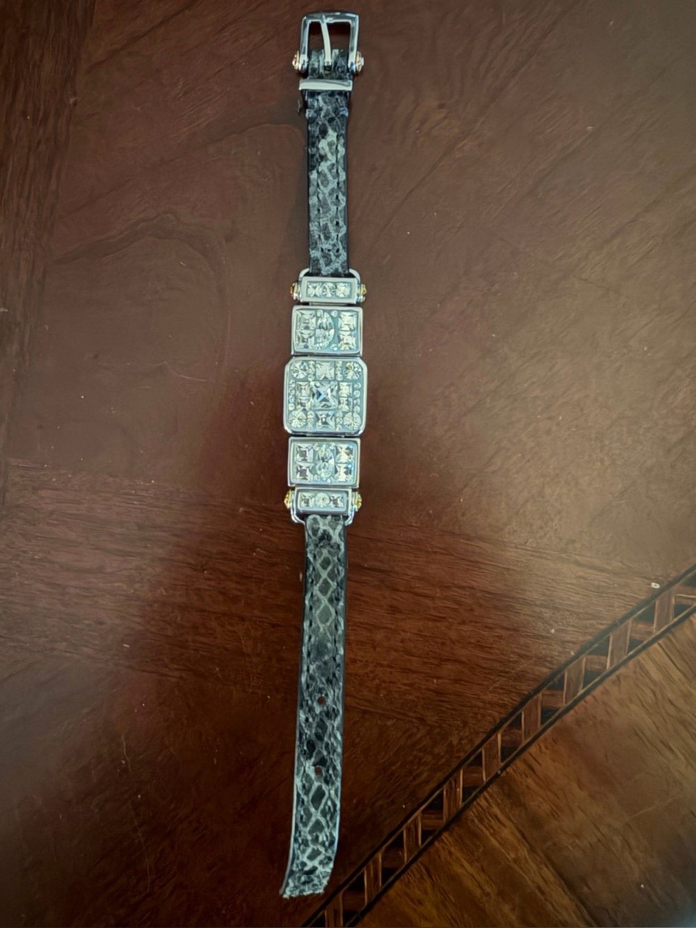 Henri Bendel Dark Grey Snake Pattern Leather Watch Band Style Crystals Bracelet
